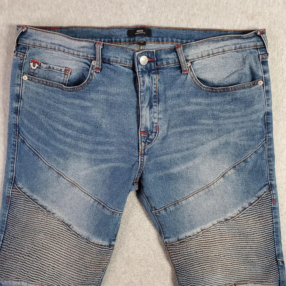 True Religion Rocco Jeans Mens 40x32 Blue Relaxed Skinny Moto Stretch Denim